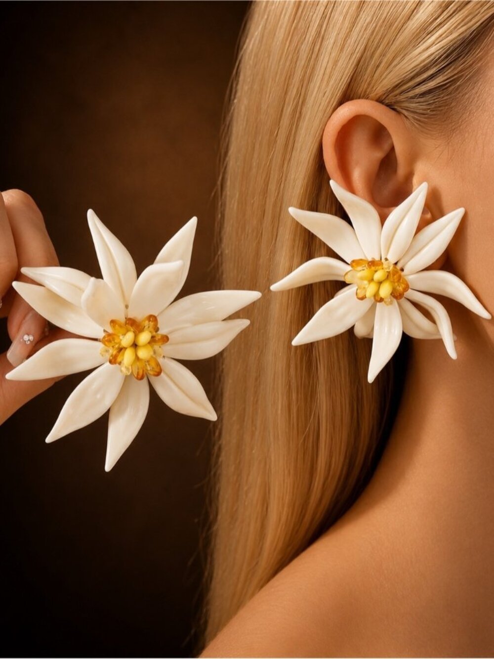 Large White Flower earrings for Women Bohemian Acrylic Resin Lotus